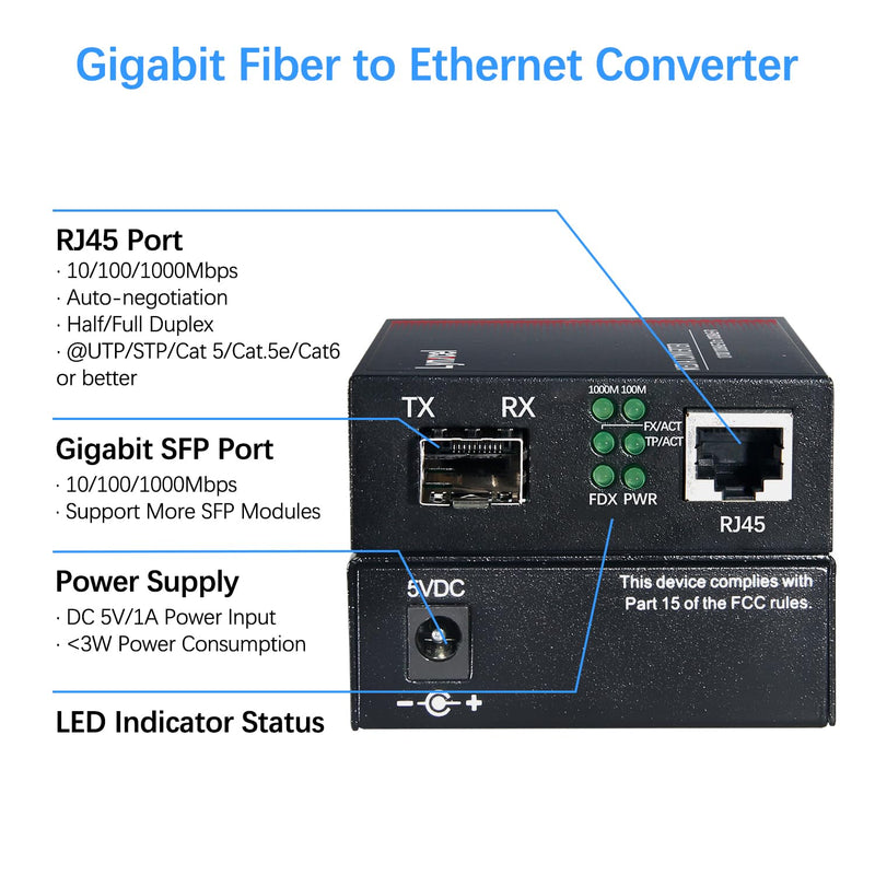 Gigabit Ethernet Media Converter, Multimode Dual LC Fiber SFP to RJ45 Converter, for 10/100/1000Base-TX to 1000Base-SX with a SFP Transceiver, MMF 850nm, up to 550m Gigabit Multi Mode LC