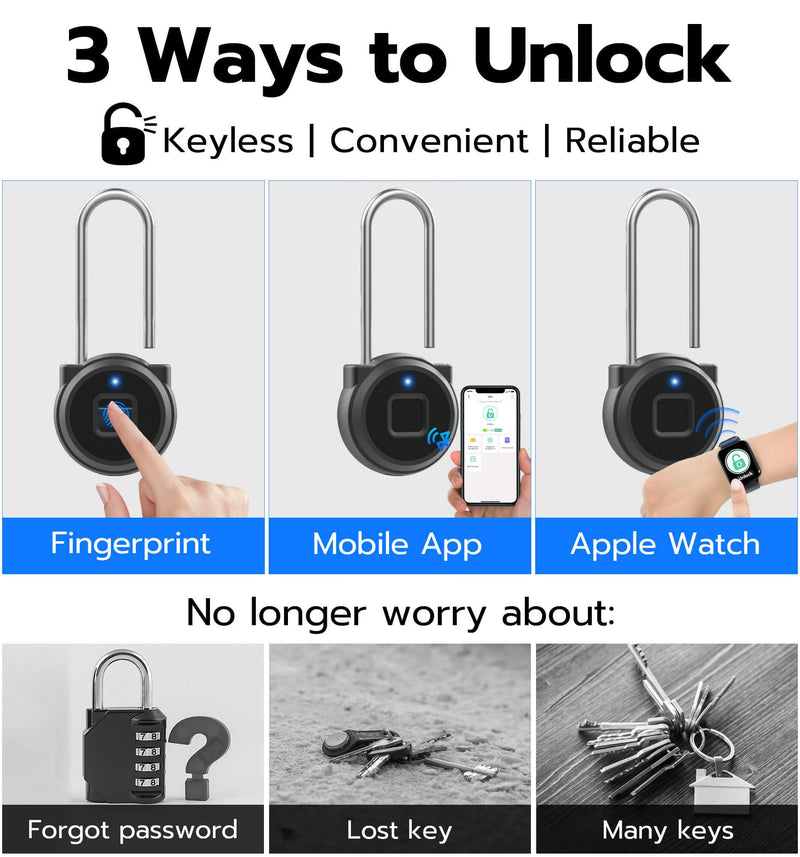 Anweller Fingerprint Gym Locker Lock, Keyless Biometric Long Shackle Small Padlock, Electronic Digital Bluetooth Smart Waterproof Pad Lock for Outdoor Fence Gate School Storage Sport Backpack Travel