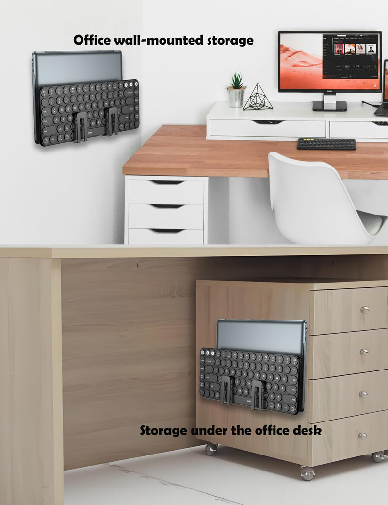 Multifunctional Wall Mount Holder for Laptop& Keyboard, Cable Box Mount Fit for Router/Modem/TV Box/Tablet/E-Book/Cellphone and More, Fixed by Screw (Black) Black