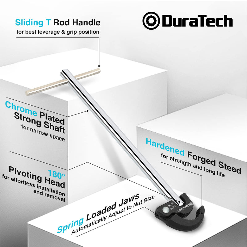 DURATECH 11" Basin Wrench, Sink Wrench, Adjustable Tap Nut Spanner Basin Spanner, Capacity of 3/8" to 1-1/4" for Fixing Back and Union Nuts Under Sink