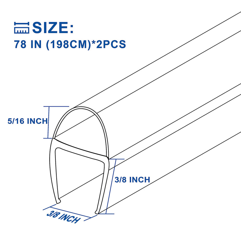 Frameless Shower Door Seal for 3/8" Thick Glass, 2 Pack x 78" U Glass Shower Door Side Seal Strip Bottom Seal Door Sweep, Ultra-Clear Polycarbonate, Stop Shower Leaks Create a Water Barrier 2PCS x 78" for 3/8" U (For Side of Sliding door)