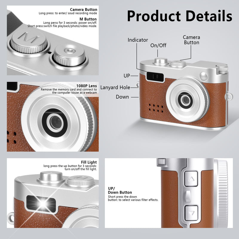 Mini Keychain Camera, FHD 1080p 8MP Mini Digital Camera with 32GB SD Card, 0.96" HD Display, 100 Mins Battery Life Small Camera for Travel Study Recording (Brown, 16GB) Brown