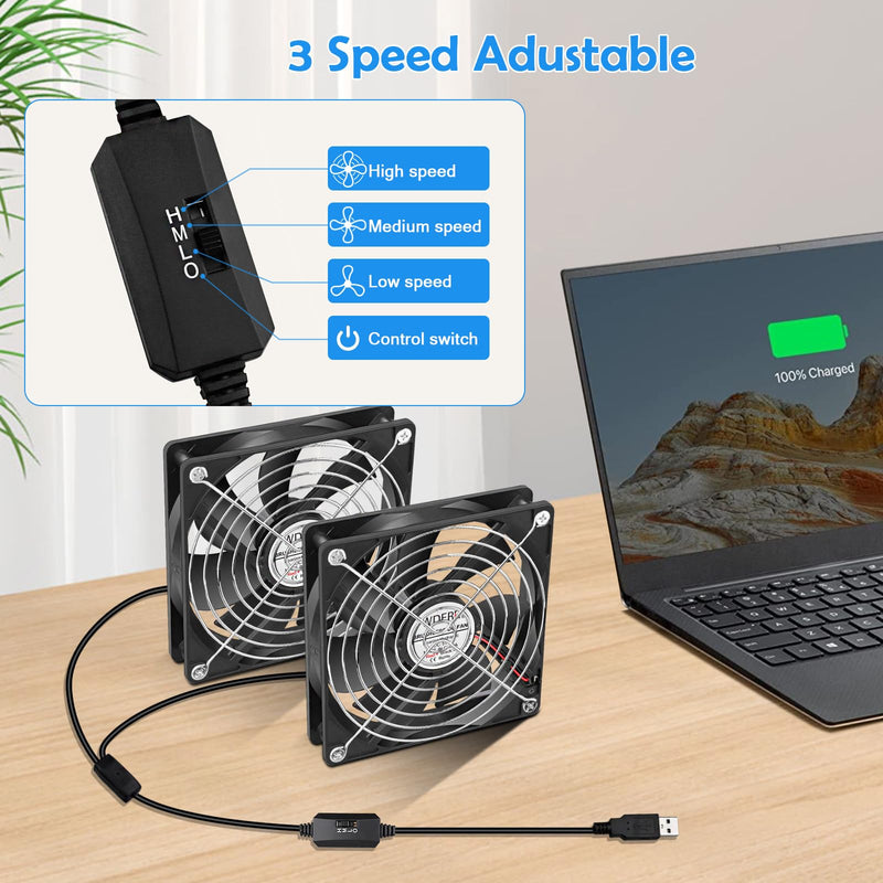 120mm Computer Case 5V USB Powered Fan, Small Silent Flat Cooler with Speed Controller for Receiver/Router/Electronic Equipment（2-in-1 Pack） 2 in 1-12025-USB