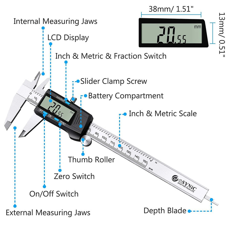 eSynic Digital Caliper 150mm/6 Inch Stainless Steel Caliper Electronic Caliper Inch/Metric/Fraction Conversion for Distances Diameter, Depth, Inner Diameter, Outer Diameter, Black... Model A-Black