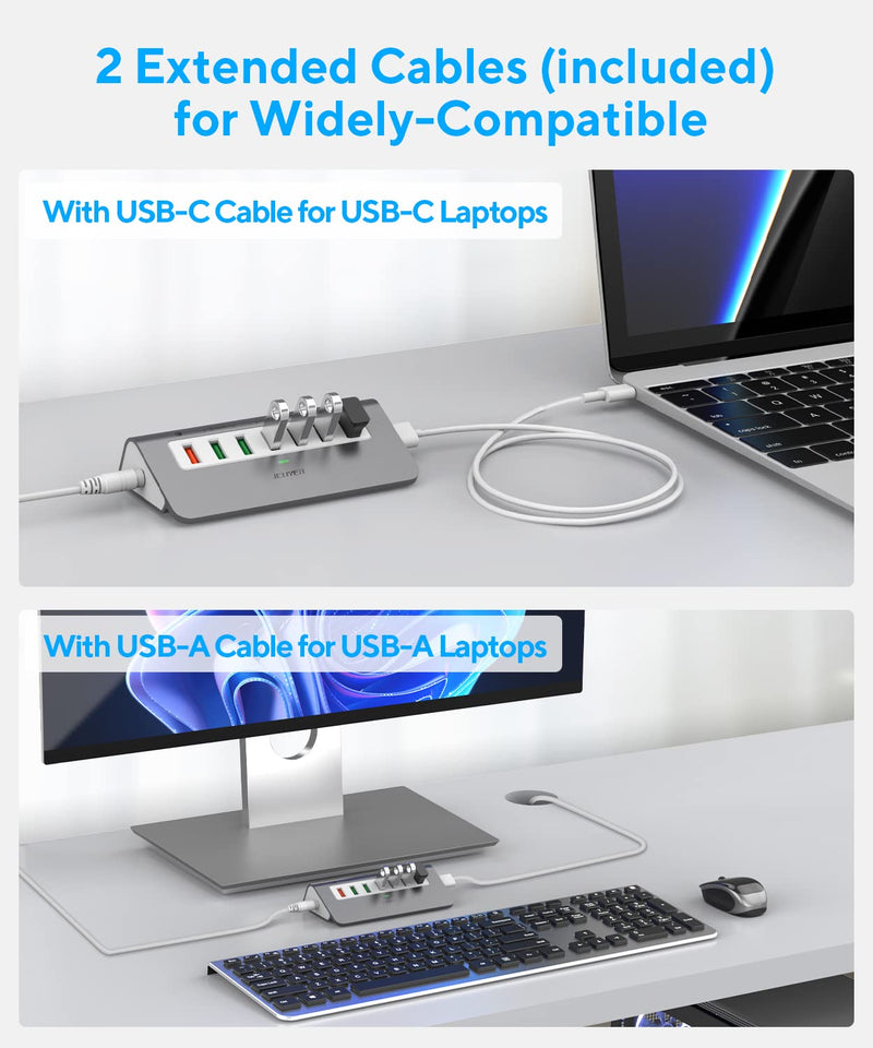 Powered USB-C 7-Port Hub, USB 3.2 Gen 2 Adapter - 4x 10Gbps Data, 3x 3.3ft Charging Ports, 30W Power Adapter for Laptop, PC, MacBook 7 Ports with Charger