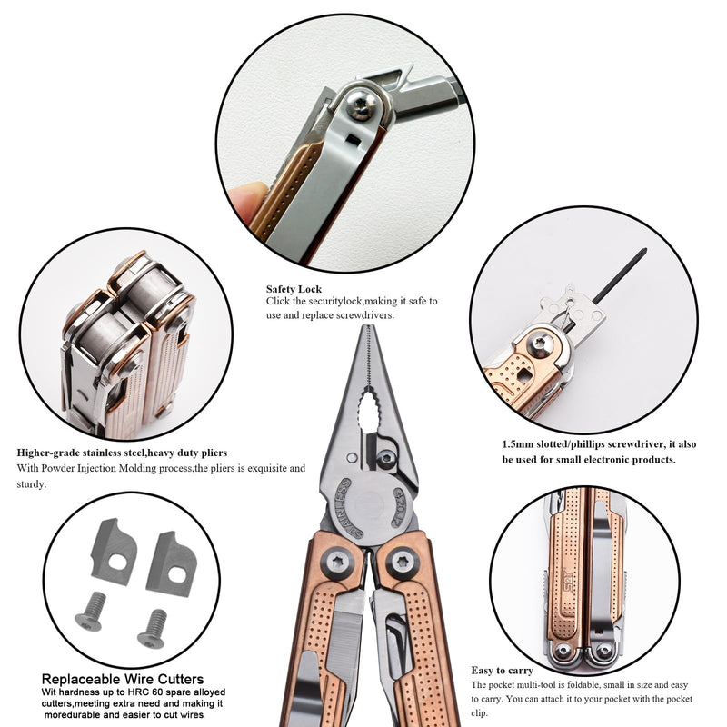 SQT2048-C 20-in-1 Multitool Pliers, Stainless Steel Multi Tool with Safety Lock, Pocket Clip, Foldable EDC Tool for Outdoor Camping Hiking Fishing Repair,Gift for Men, Rose Gold SQT2048-C