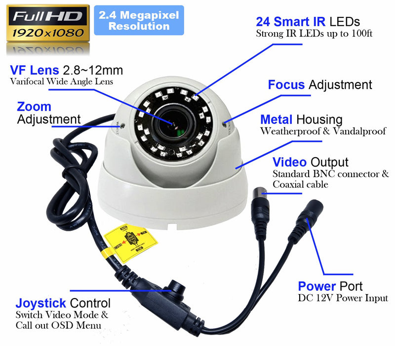 1stPV 1080P True-HD 4in1 (TVI, AHD, CVI, CVBS) CCTV Security D/N Out/Indoor Color IR Dome Camera 2.8-12mm Varifocal Lens 2.4 Megapixel STARVIS WDR Weather/Vandalproof Metal Housing 12VDC (White) 2.8~12mm Varifocal Lens White
