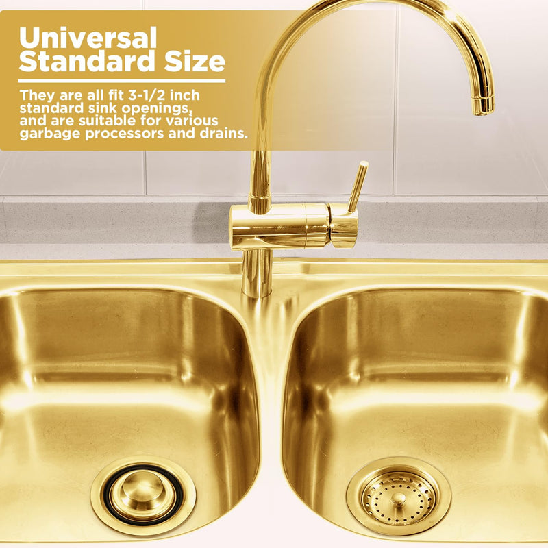 Norme 5 Pcs 3-1/2 Inch Gold Kitchen Sink Drain Strainer Assembly Garbage Disposal Splash Guard Garbage Disposal Flange Stopper Plug Stainless Steel Sink Drain Strainer Replacement Accessories Kit