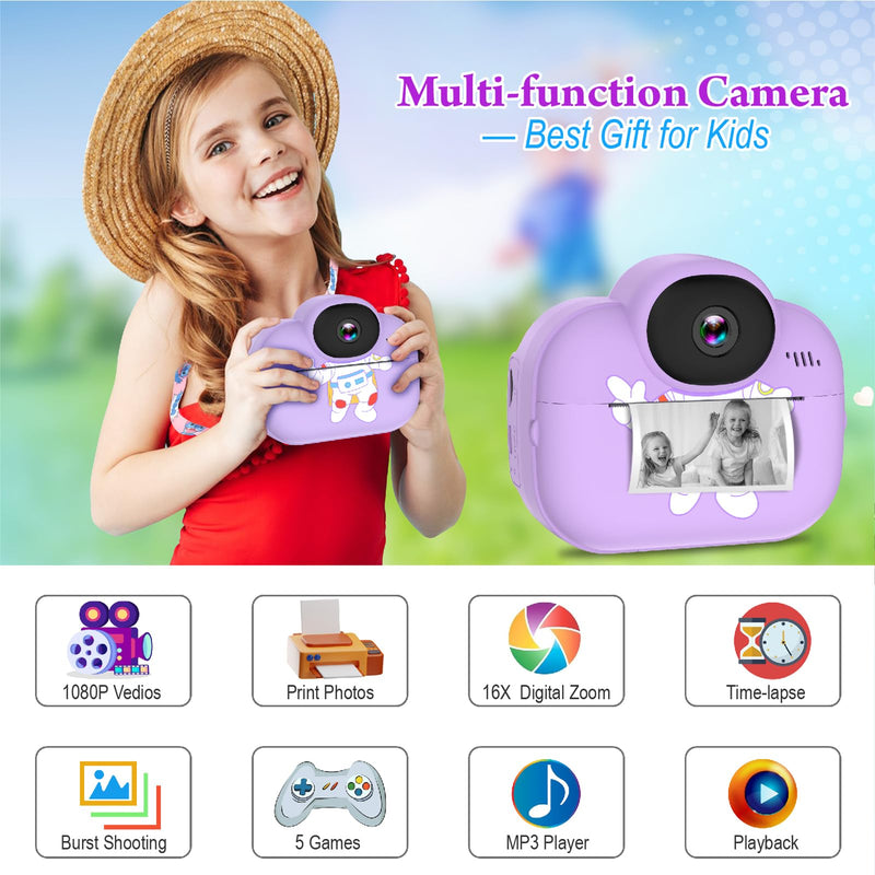 Kids Digital Camera Instant Print, Portable Instant Camera for Girls, Ages 3-10 (Purple) Purple