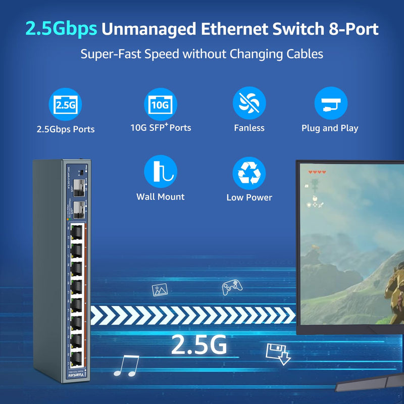 10 Port 2.5G Unmanaged Ethernet Switch, 8 x 2.5G Base-T Ports, 2 x 10G SFP, Compatible with 100/1000/2500Mbps, VLAN, Fanless, Desktop/Wall Mount YuanLey 2.5Gbe Network Switch for Wireless AP, NAS, PC 10 Port | 8x2.5G +2x10G SFP