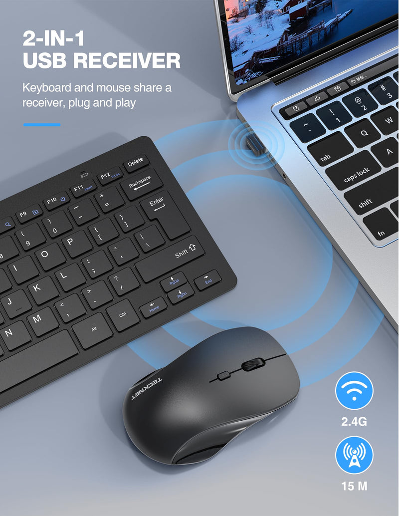 TECKNET Wireless Keyboard and Mouse Combo, Mini Cordless Computer Keyboard and Mouse Set 2.4GHz, Silent Adjustable 1600 DPI, Quiet Click, Lag-Free for Computer, Laptop, PC, Windows, Mac, Chrome OS Black