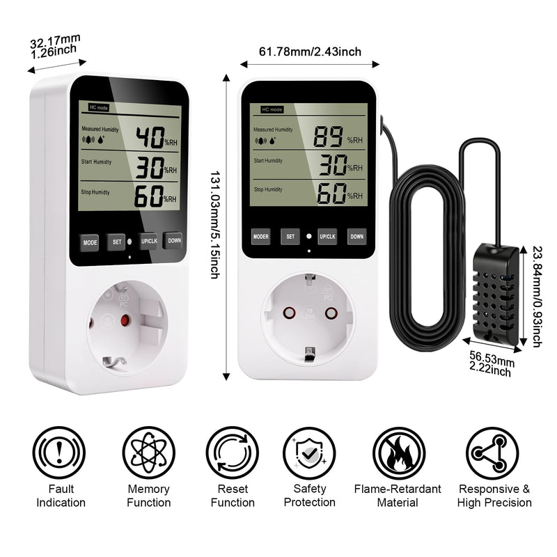 Hygrostat Socket with Sensor, Humidity Regulator / Temperature Controller Socket Humidity Controller with Alarm, Humidity Controller 16 A 230 V for Humidifier Dehumidifier Mushroom Terrarium
