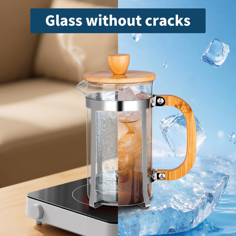 MERMOO YILAN French Press 20oz(600ml) High Borosilicate Glass Portable Coffee Maker with Bamboo lid and handle Easy to Clean Multi-Purpose Coffee & Tea Maker for Home/Office/Camping