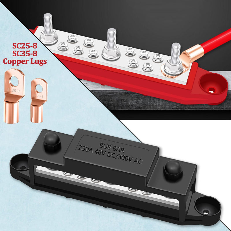 12V 250A Bus Bar Marine 3 x 5/16"(M8) Posts, 10 x #8(M4) Screws Terminals, Power Distribution Block for Car and Boat (Black+Red) Style A-250A