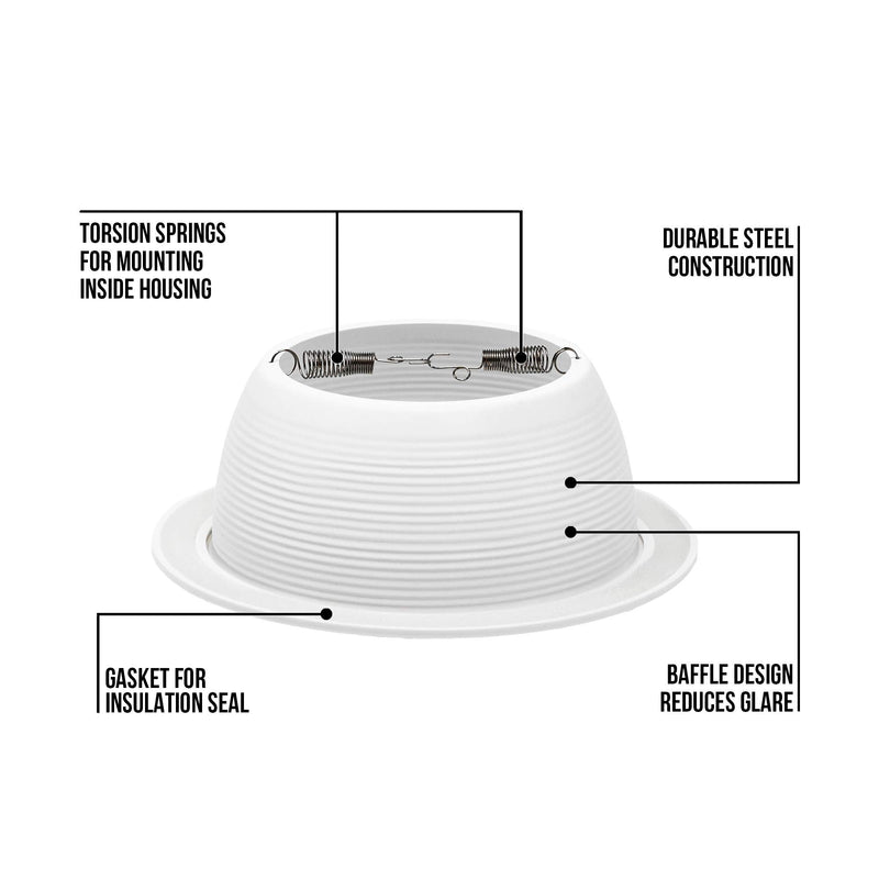 PROCURU [6-Pack] 6" Metal Recessed Can Light Trim Cover, Step Baffle with Ring, White (Trim Only, Bulb Not Included) White (6-Pack) 6-Inch (Trim Only)
