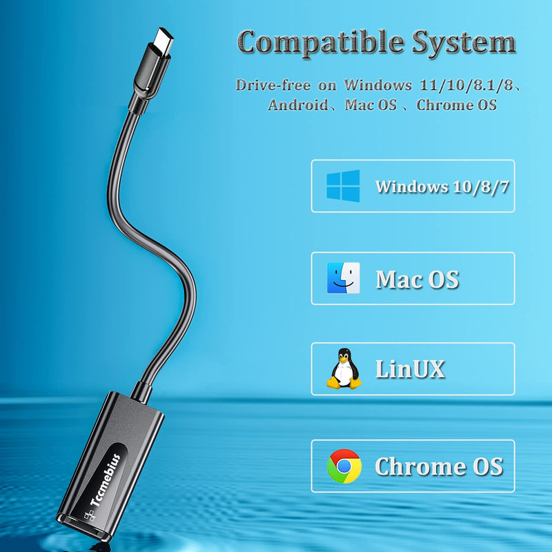 USB C Ethernet Adapter, USB C to 10 100 RJ45 Network LAN Wired Adapter, for MacBook Pro/Air, iPad Pro, Dell XPS, MateBook, Smartphone, Compatible Windows 7/8/10, Mac OS (TCC-S20C)