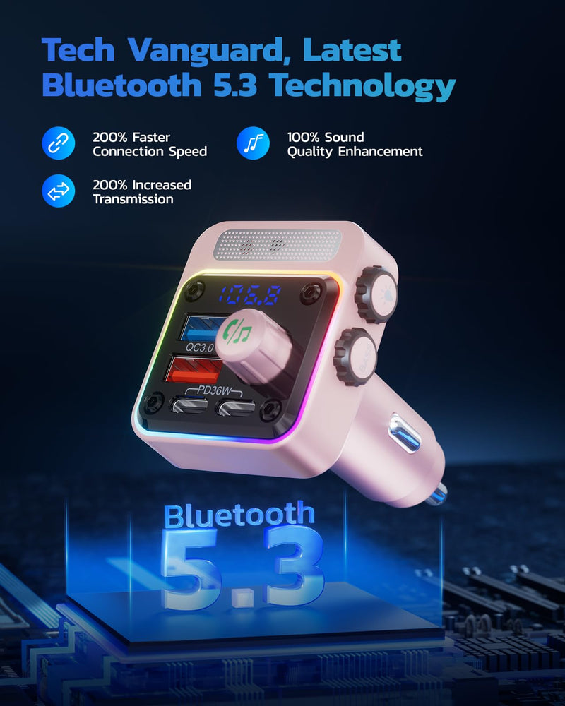 Nulaxy 54W Bluetooth 5.3 Car Adapter with 4 Charging Ports [PD 36W & QC3.0 18W], Wireless Radio FM Transmitter with Deep Bass Player & 5 Colors LED Backlit, Hands-Free Calling - NX16 Pink E-Pink