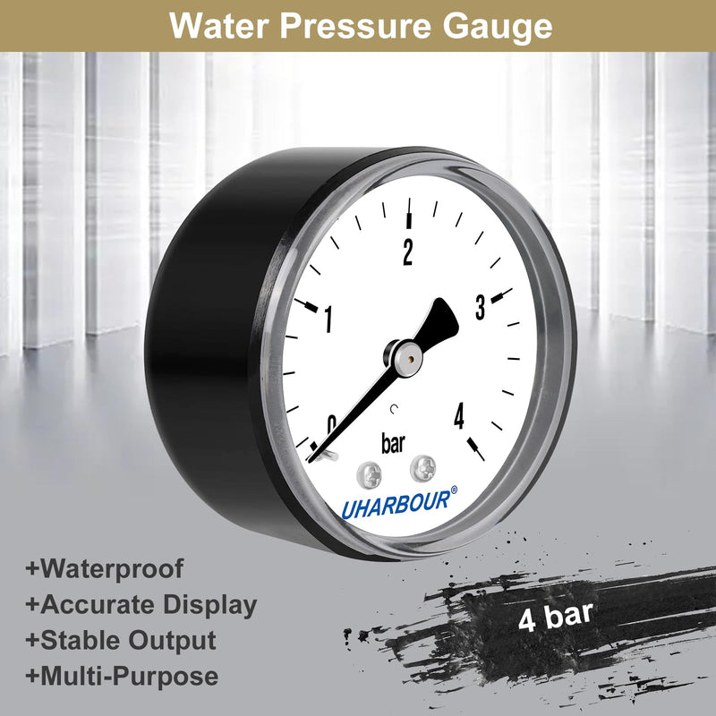UHARBOUR pressure gauge water 0-4 bar, pressure gauge 1/4 inch, pressure gauge compressed air holder on the back, compressed air pressure gauge 1/4 BSP brass connection