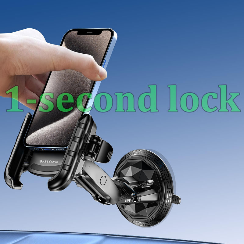 Car Phone Holder Mount with Vibration Dampener & Twist-Lock Suction Cup Base, [Camera Friendly] [1s Lock & Release] with Metal Medium Arm for Vehicle Windshields, Fit 5.4''-7.2'' Smartphones