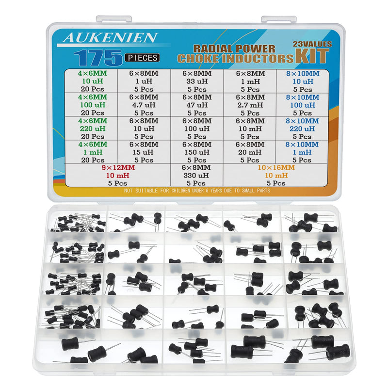 AUKENIEN Inductor Kit 23 Values 175 Pieces 10uH 100uH 220uH 1mH 1uH 4.7uH 15uH 33uhH 47uH 150uH 330uH 2.7mH 10mH 20mH Radial Inductance Assortment