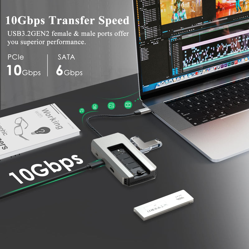 Minthouz USB C Docking Station,8-in-1 USB-C Hub with M.2 NVMe SATA SSD Enclosure,10Gbps Data Transfer, 4K@60Hz HDMI,87W PD,SD/TF Card Reader,USB 3.2 Hub for MacBook Pro/Air, Dell, HP Laptops