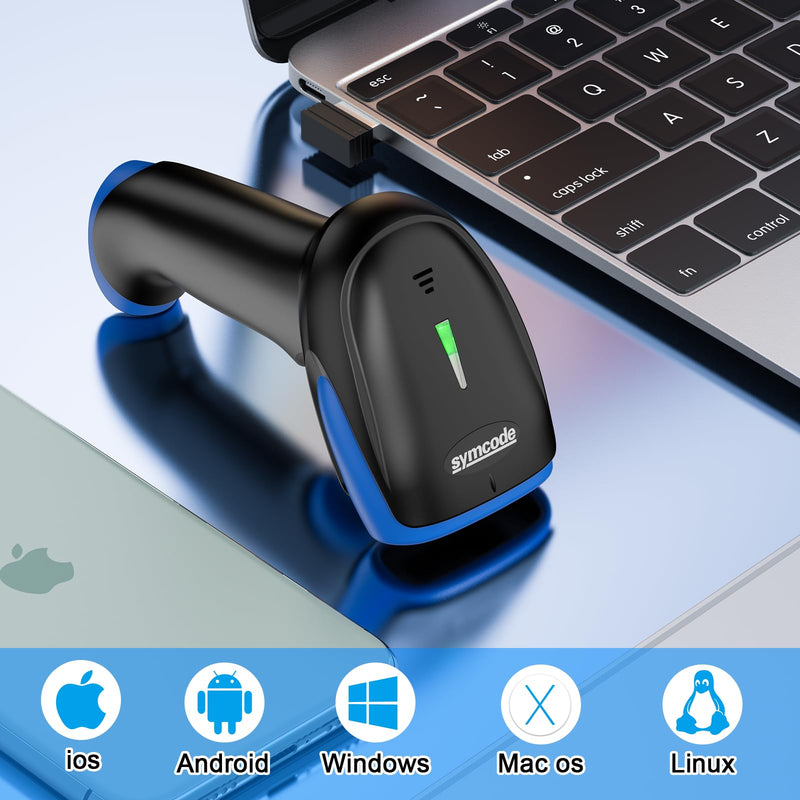 Symcode Wireless Bluetooth Barcode Scanner,3-in-1 Bluetooth & USB Wired & 2.4G Wireless Barcode Reader Scanner 2D 1D QR Code Automatic Fast Precise Bar Code Scanner for Phone Laptop Tablet Blue
