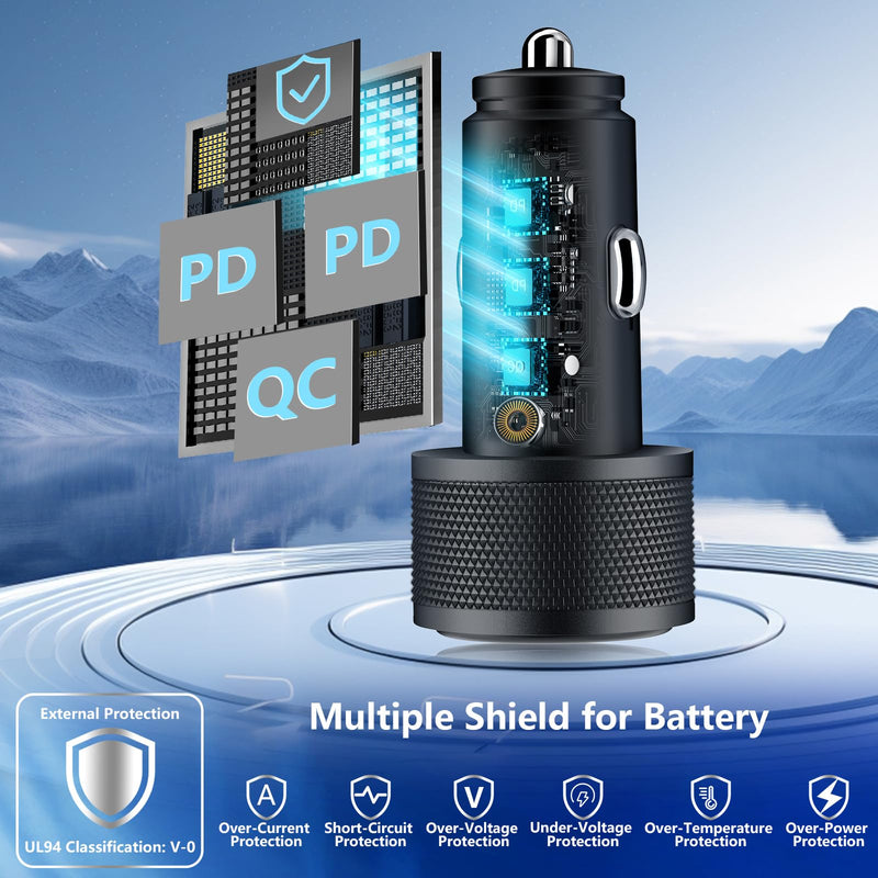【MFi Certified】iPhone 15 Fast Car Charger, Rombica 3-Port 67W USB-C&USB-A Car Power Cigarette Lighter PD/QC Type-C Fast Car Charging+Type-C Braided Cable for iPhone 15 Pro/15 Pro Max/Galaxy/Pixel/iPad Zinc Alloy Black