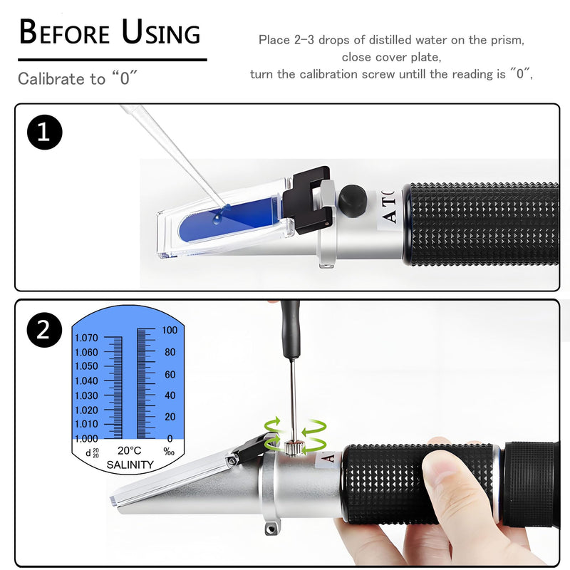 Seawater Salinity Refractometer, Automatic Temperature Compensation Seawater Salinity Hydrometer, 0-100ppt & 1.000-1.070 Salinity Specific Gravity Tester for Aquarium,Pool, Tank, Marine, Fishkeeping Seawater Salinity Refractometer