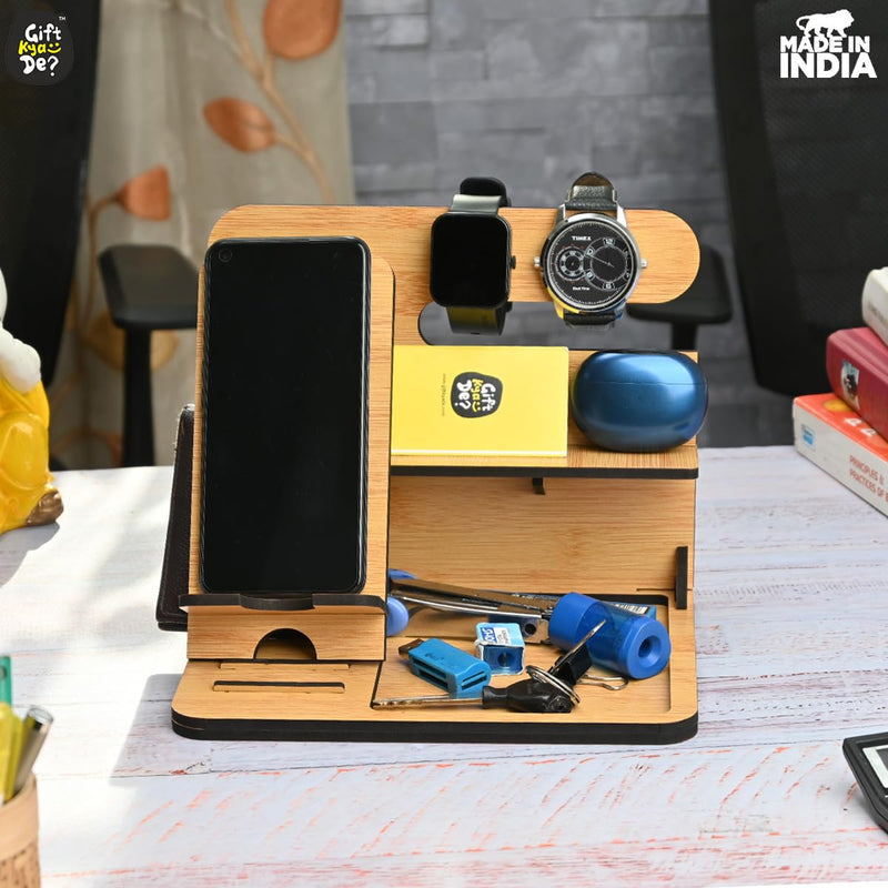 Gkd Desk Organizer & Docking Station (6 In 1) With Mobile Stand Gift For Him Gift For Husband Gift For Brother Table Organizer (Bamboo) Gift Kya De (Eco Friendly)
