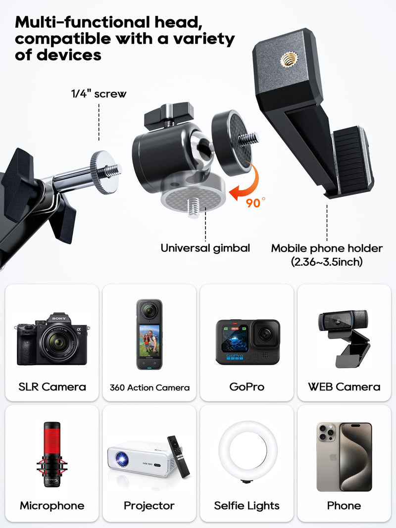Overhead Camera Mount, 5lb Horizontal Load-Bearing, 360° Adjustable Stand for Desk, Flexible with Phone Clamp, Tabletop Mount for DSLR Camera/Webcam/Microphone Black
