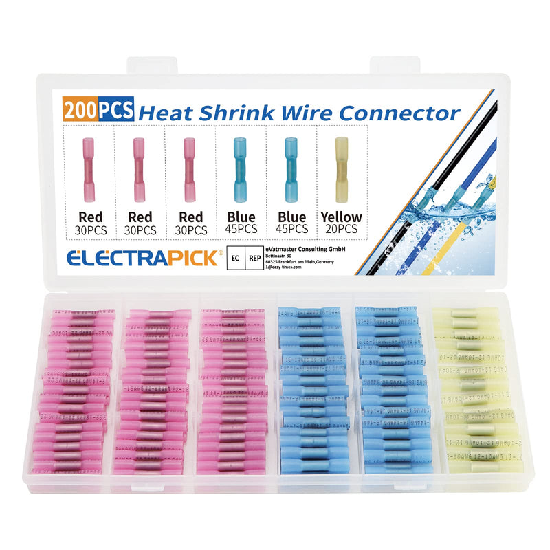 electrapick cable connector 200 pieces butt connector crimp connector, 22-10 AWG waterproof shrink connector, red/blue/yellow