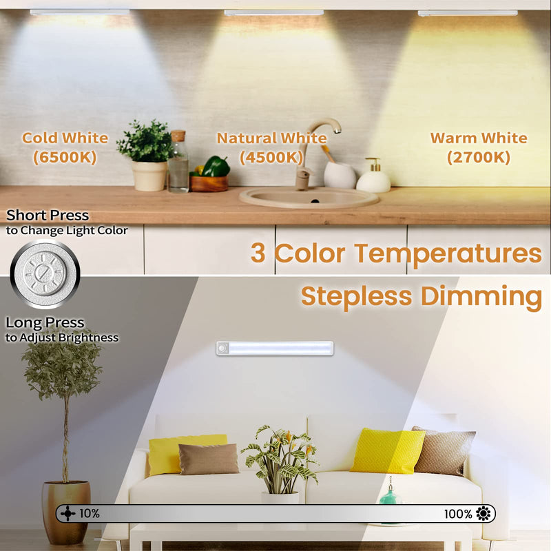 Under Cabinet Lights Rechargeable Under Counter Lights for Kitchen, 188 LED Closet Light Motion Sensor Light Indoor, Dimmable Magnetic Under Cabinet Lighting, 2-Pack Silver(2-Pack) 13.58 Inch