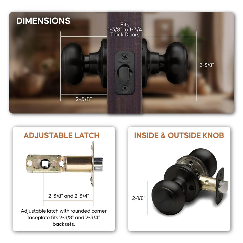 Copper Creek Colonial Passage Interior Door Knob – ANSI Grade-3 Certified, Modern Heavy Duty Handle, Easy Install and Reversible for Bedroom, Bathroom and Closets – Matte Black (2 Pack) 2 Pack