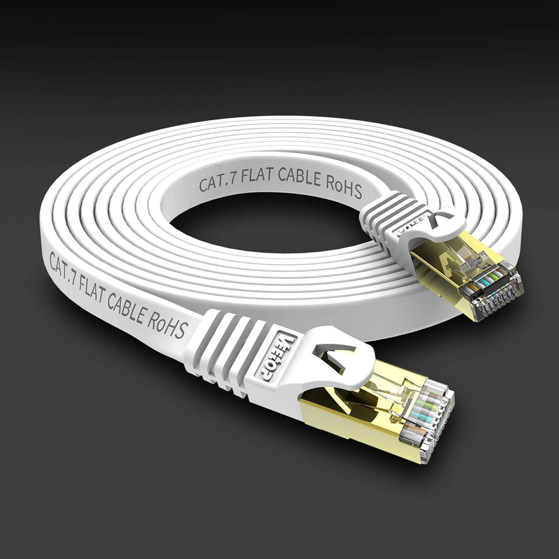 Veetop 10m Lan Cable Network Cable Cat 7 Ethernet Cable with Gold-Plated RJ45 Connector Flat and Thin with 10 Gbps Transfer Rate 10 Meters White White