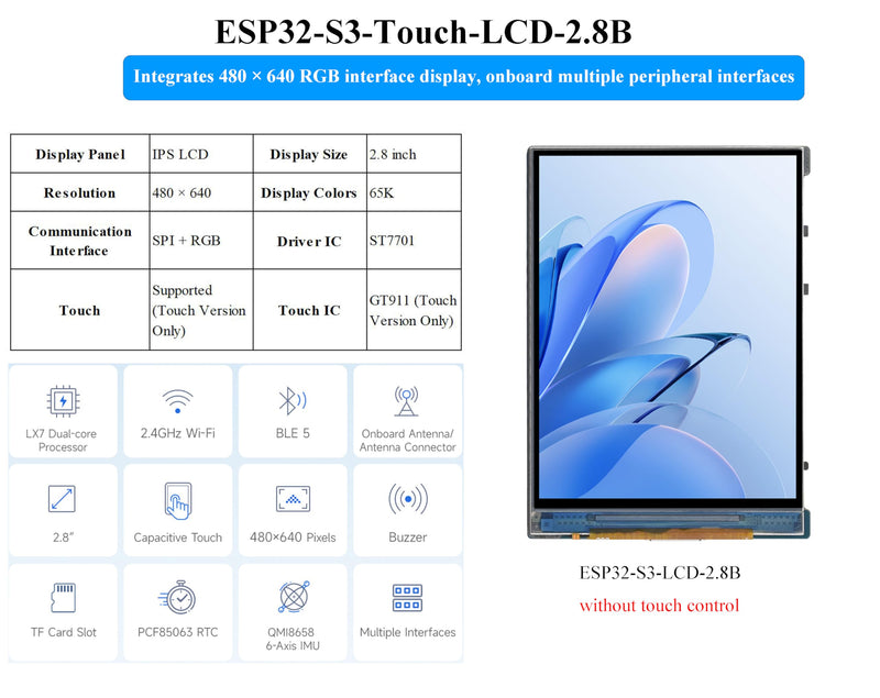 ESP32-S3 2.8inch Display Development Board, 480×640, IPS LCD, 32-bit LX7 Dual-Core Processor, Supports W-F-i & Blue-Too-th, ESP32 with Display (No Touch)