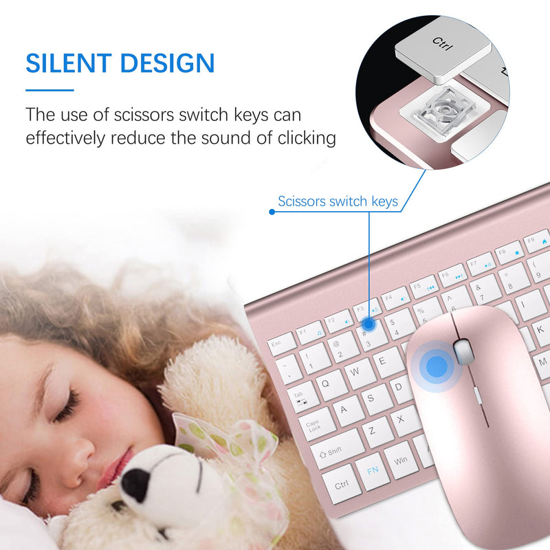 TopMate Wireless Keyboard and Mouse Ultra Slim Combo, 2.4G Silent Compact USB Mouse and Scissor Switch Keyboard Set with Cover, 2 AA and 2 AAA Batteries, for PC/Laptop/Windows/Mac - Rose Gold White
