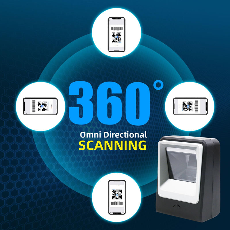 Handsfree Omnidirectional Desktop Barcode Scanner with USB Cable, 1D 2D QR Image Sensing, Plug and Play Barcode Reader for Warehouse Supermarket Retail Store