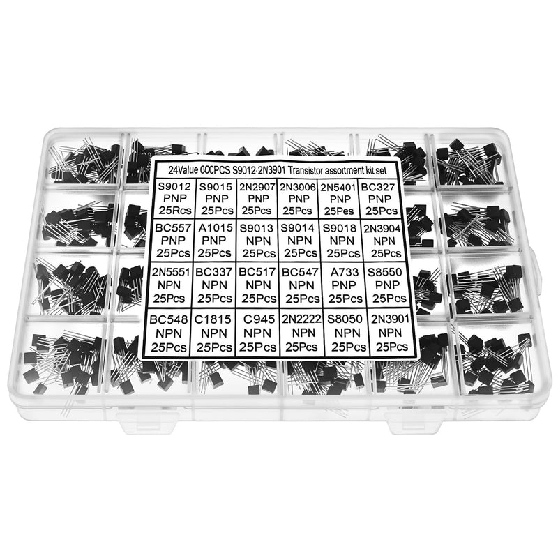 QWORK 600pcs (24 values) Transistor Assortment PNP NPN Transistors - A1015 A733 C1815 C945 BC327 BC337 BC557 2N2222 2N2907 2N3904 2N3906 2N5400 1 2N511551 S9012 S9013 S9014 S9015 S9018 S8050 S8550