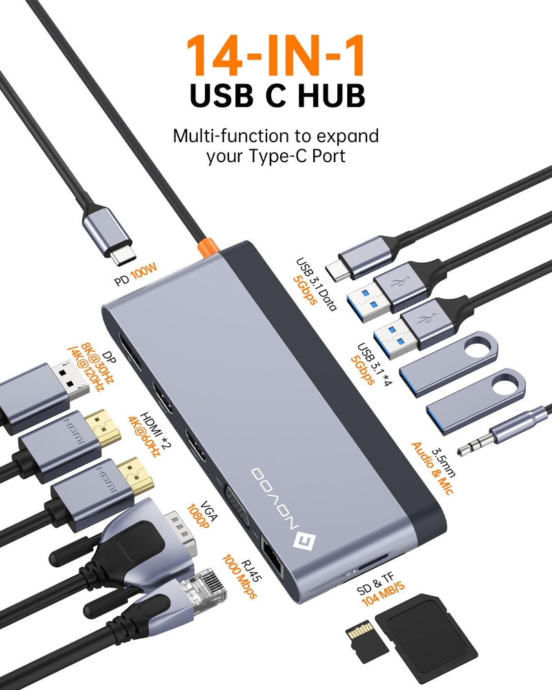 USB C Docking Station Quad Display, 14-in-1 Laptop Docking Station Dual Monitor, 8K@30Hz DP, Dual 4K@60Hz HDMI, VGA, 5 USB Data Ports, 100W PD, Ethernet, SD/TF, Mic/Audio, USB C HUB, Thunderbolt Dock 14 in 1 Dock