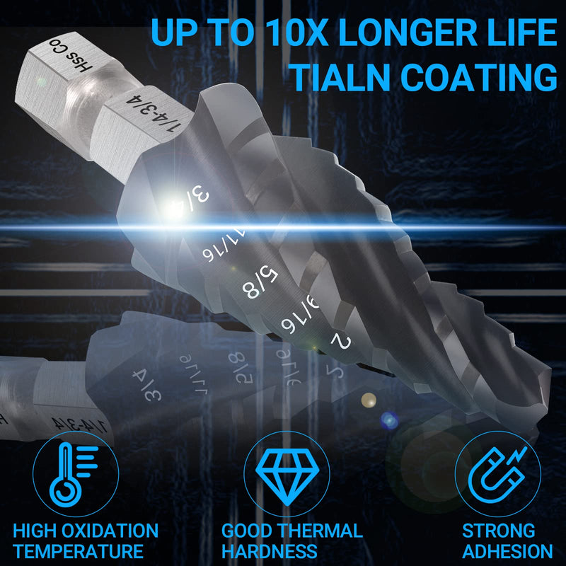 MABLEVI M35 Four Spiral Flute Cobalt Step Drill Bit Set 1/8"-7/8", Wear-Resistant TiAlN Coated 1/4" Hex Shank Unibit Step Bit for Metal, Stainless Steel, Aluminum, Wood, Plastic（3Pcs） 1/8"-7/8" (3PCS)