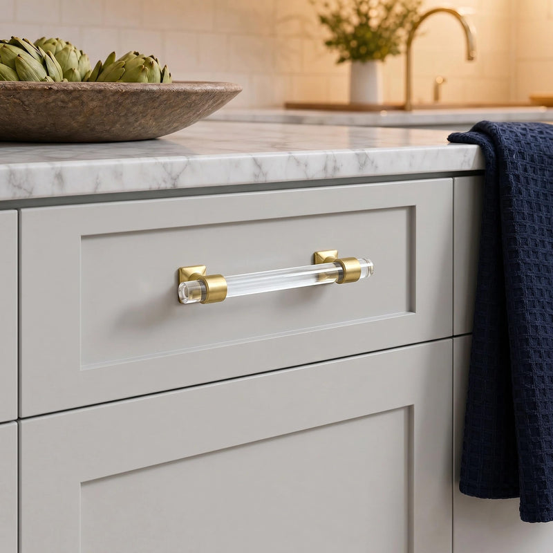 Orger 10 Pack Acrylic Cabinet Handles 3 Inch Cabinet Pulls Clear Crystal Cabinet Pull Handles for Kitchen Bedroom Bathroom Hardware Knobs and Pulls Hole Center: 3 inch Antique Brass