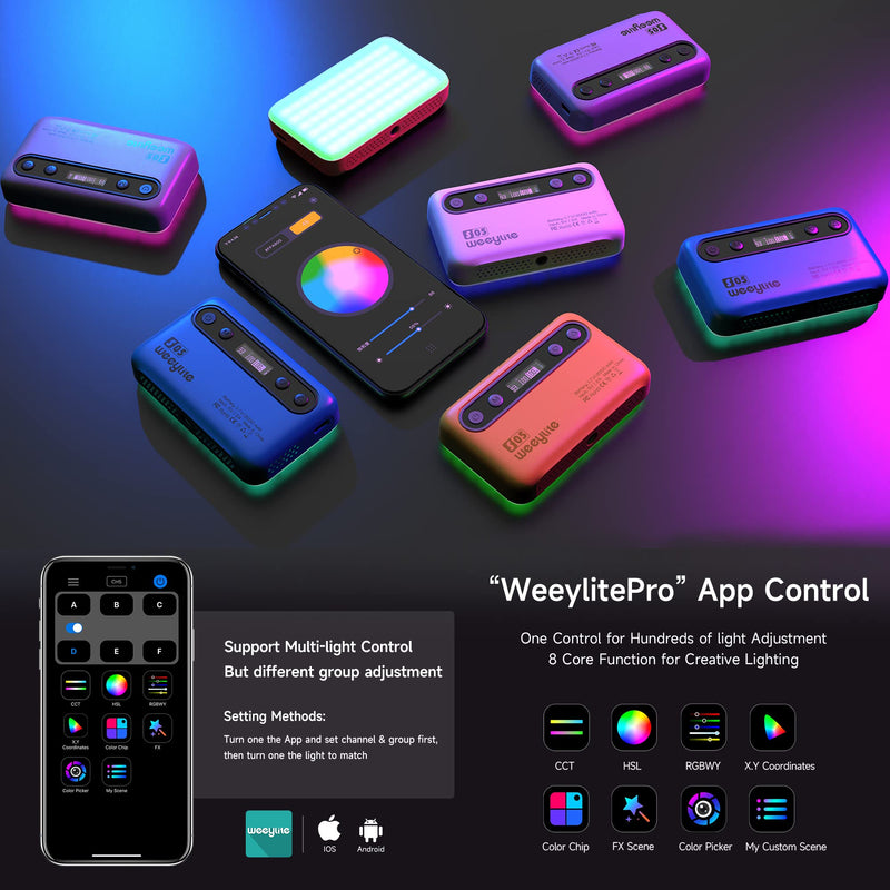 Weeylite CRI 95+ RGB Video Light, App Control LED On Camera Light 360° Full Color Portable Photography Lighting with 26 Scene Modes/2800K-6800K/2000mAh Rechargeable Mini LED Selfie Photo Light S05-Grey