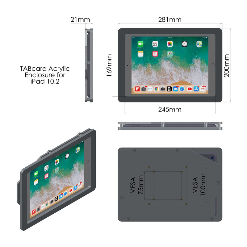 TABcare Anti-Theft Acrylic VESA Enclosure for Apple iPad 7/8/9 10.2" with Free Wall Mount Kit & 90-Degree Angle Charge Cable (iPad 7/8/9 10.2", Black) iPad 7/8/9 10.2"