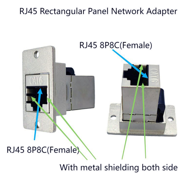 RJ45 Network Adapter Rectangular Panel Mount 8P8C Female to Female Cat5/5e/6 Ethernet LAN Cable Connector in-line Shield Industrial Panel Socket Coupler Silver