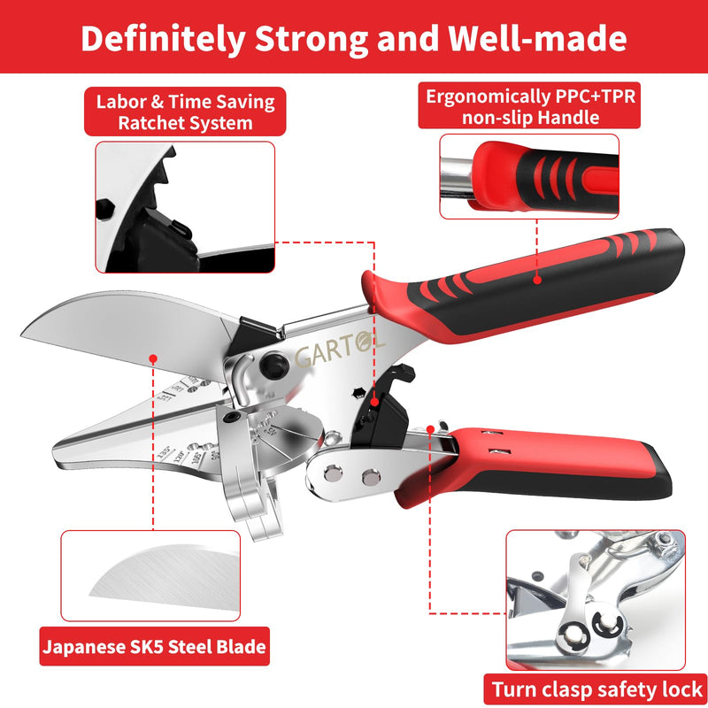 GARTOL Ratchet Miter Shears, 45°-135° Adjustable Multi-Angle Cutter for Molding, Trim & Quarter Round – Precision Hand Tool for PVC & Soft Wood – Includes 5 Anvils & Replaceable Blade HD-3100 S