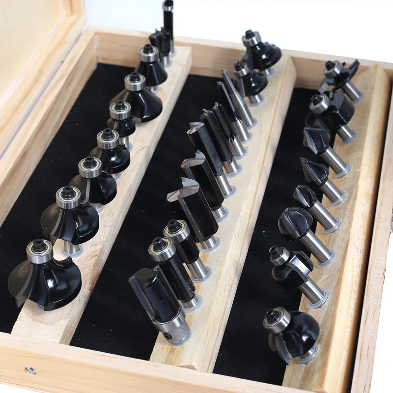 Sinoprotools 30-piece router bit set HM, 8 mm shaft router bit in wooden case with 3-piece bearings, for wood DIY, accessories router (shaft 8 mm, set of 30 pieces) 30-piece milling cutter set Ø8 mm