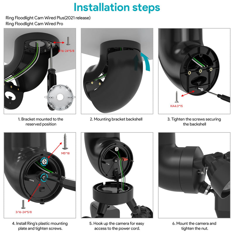 Eave Mount for Ring Floodlight Cam Wired Plus/Pro, Blink Wired Floodlight Camera, Ring Smart Lighting Floodlight Wired, Wyze Floodlight Camera v2/Pro, and Roku Floodlight Camera - Black