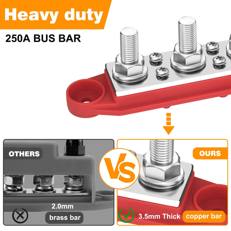 Power Distribution Block 12V 250A Bus Bar 4 x 5/16" Stud Marine, 6 x #8 Screws Terminals Block (Pair - Red & Black)