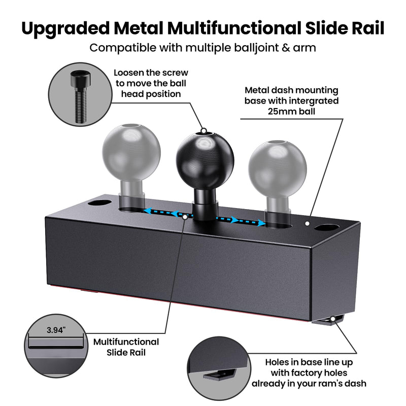 Kaishengyuan Upgraded Metal Phone Mount for Ram Truck 2019+, Dash Mount Cell Phone Holder Compatible with Dodge RAM 1500/2500/3500 & TRX, 360° Adjustable Adapter Phone Stand Fit for Most Smartphones Universal Mount