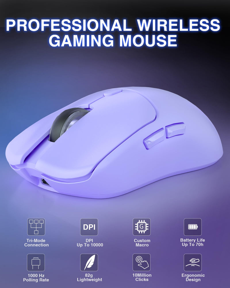 AULA SC580X Wireless Gaming Mouse, Tri-Mode 2.4G/BT5.0/USB-C Gaming Mouse, 10000 DPI Rechargeable Wireless Mouse with 6 Programmable Buttons, Ergonomic Computer Mouse for Laptop/PC/Mac/Tablet Light purple